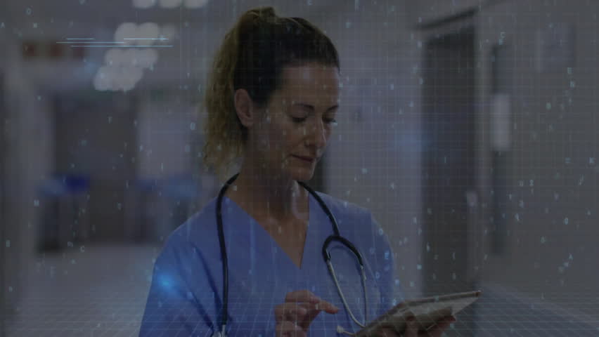 Medical professional using tablet, coding and data processing animation over scene. Healthcare, technology, digital - Powered by Shutterstock - Get 15% off with code: PIKWIZARD15