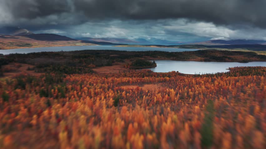 Fast flight above the lakes and autumn forest. Dark stormy clouds cover the sky.