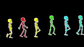 Seamless animation colorful walking skeletons painted drawn style cartoon. Hypnotic Halloween background isolated with alpha channel - Powered by Shutterstock - Get 15% off with code: PIKWIZARD15