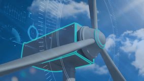 Wind turbine with futuristic data processing animation over blue sky background. Renewable, energy, technology, environment, innovation, sustainability - Powered by Shutterstock - Get 15% off with code: PIKWIZARD15