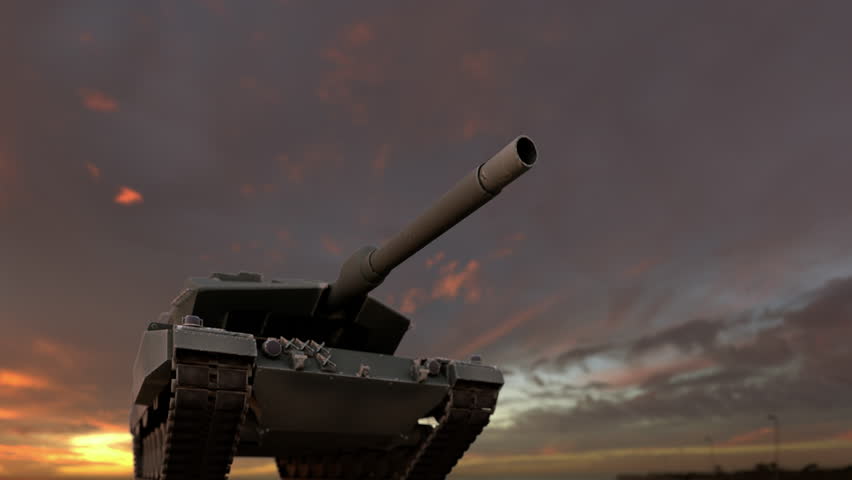 Close up on an isolated giant military tank during sunset.