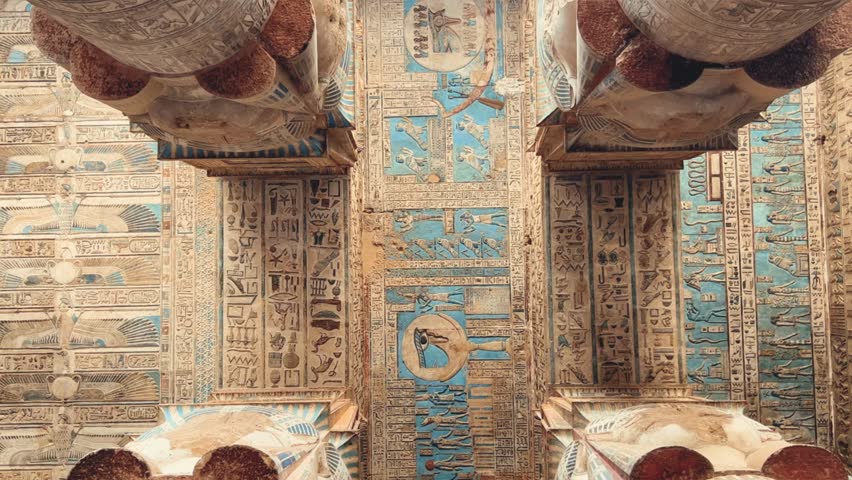 The ruins of the Egyptian temple complex Dendera. Museum in Egypt. Hathor Temple. The Denderian zodiac. The complex is a mixture of ruined temples, chapels, pylons and other buildings. Egypt 2022. 4K