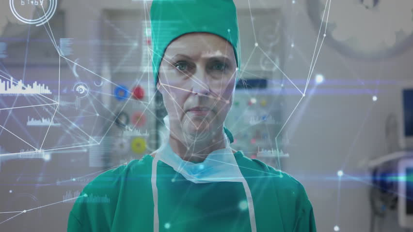 Surgeon preparing for operation with medical data network animation over scene. Surgery, healthcare, technology, innovation, doctor, hospital - Powered by Shutterstock - Get 15% off with code: PIKWIZARD15