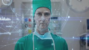 Surgeon preparing for operation with medical data network animation over scene. Surgery, healthcare, technology, innovation, doctor, hospital - Powered by Shutterstock - Get 15% off with code: PIKWIZARD15