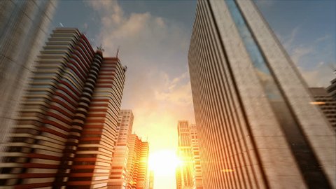 Passing Through a 3D City Facing the Sunset Seamless Loop HD 