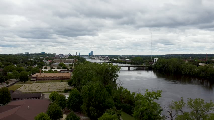 Grand Rapids Michigan Grand River aerial drone footage at Riverside Park