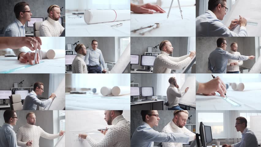Architect and his colleague work in loft using drawing board and computers. Workplace of young civil engineer in modern office. Real estate development concept.
