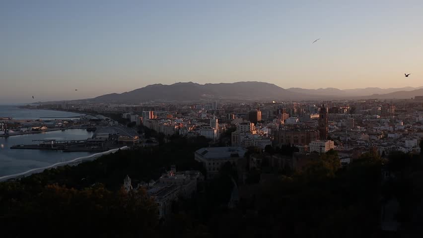 Evening Scenery of Málaga City with Birds and Mountain in the Background. Beautiful View of Urban Landscape in Southern Spain.