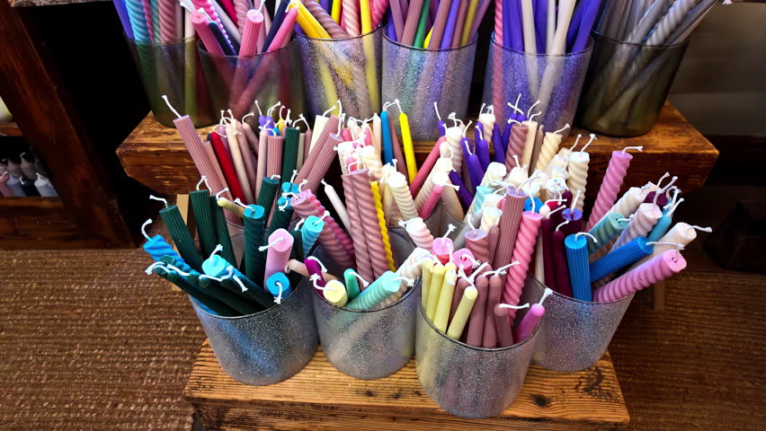 Pile of different color, shape and style candle for sale in cozy boutique