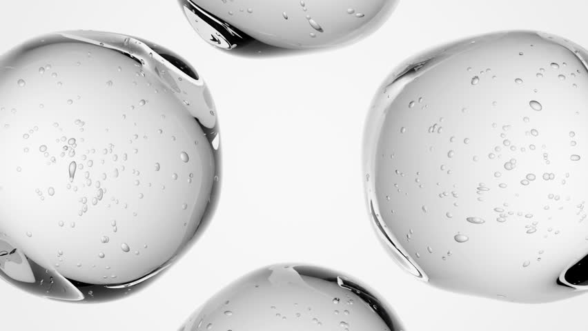 Abstract 3d Animation for Science and Cosmetics Motion Design. Transparent liquid drops with little air bubbles inside on a white background