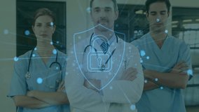 Medical professionals standing with arms crossed over cybersecurity lock animation. healthcare, technology, team, digital - Powered by Shutterstock - Get 15% off with code: PIKWIZARD15
