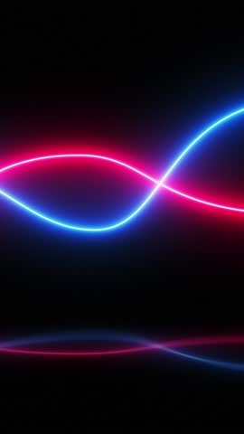 lines of flashing neon lights, pink and blue, crisscrossed, moving forward and reflecting on the floor on a black screen. Abstract led curved lines background. Modern glowing Neon helix vertical