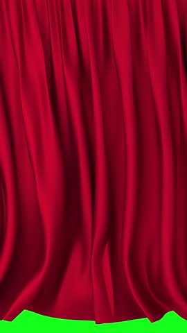 3d vertical animation of a red theater curtain opening to reveal a green screen or chroma key background in the stage. Theater, cinema or opera curtain moving in slow motion. Phone wallpaper