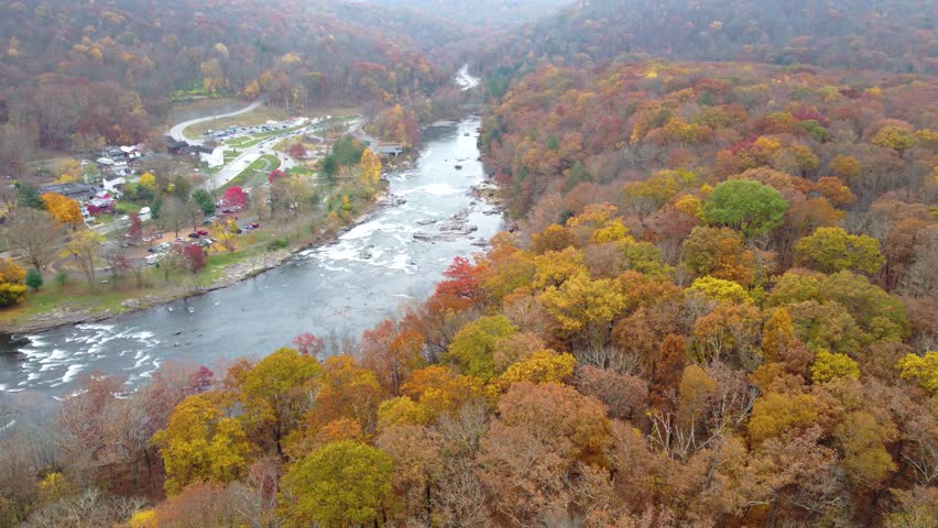 Aerial view of horseshoe of Youghiogheny River and Ohiopyle Falls in the Fall. Ohiopyle State Park in Pennsylvania.
