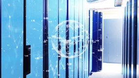Globe and data points animation over server racks in data center. Technology, networking, servers, cybersecurity, digital, information - Powered by Shutterstock - Get 15% off with code: PIKWIZARD15