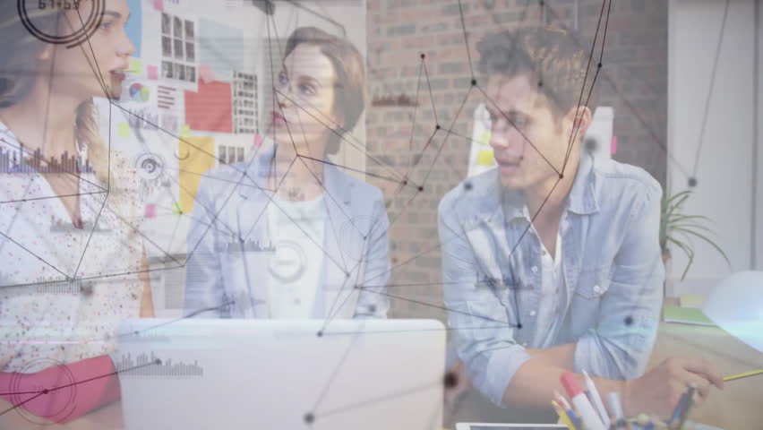 Network connections and data processing animation over diverse business team discussing project. Technology, teamwork, collaboration, networking, digital, communication