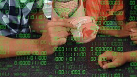 Examining anatomical brain model, people with binary code animation overlay. Anatomy, neuroscience, analysis, science, technology, education - Powered by Shutterstock - Get 15% off with code: PIKWIZARD15