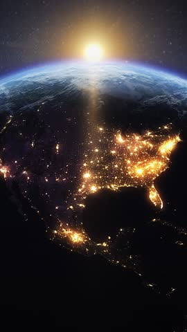 Vertical Dawn, the sun rises behind the planet earth. Sunrise over the globe. World top view from the space. Day to night transition,great for the news or climatic change concept.Spacescape background