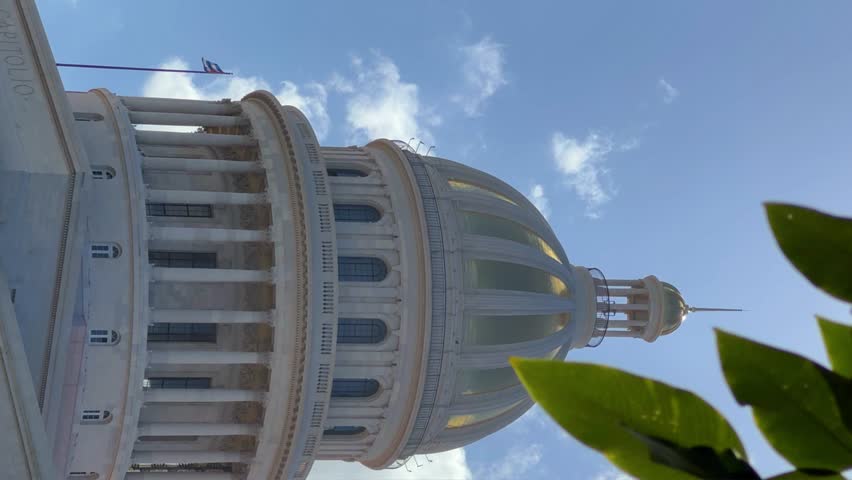 The famous building of the National Capitol in Cuba. HAVANA - DECEMBER 20, 2023: The entrance staircase and the dome of the Capitol in the center of Havana against the background of a blue sunny sky.