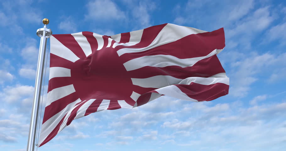 Naval Ensign of Japan flag with flagpole waving in wind, rolling clouds background looping, 4K video (Perfect Loop)