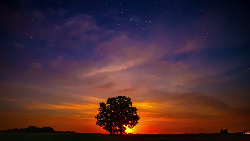 Mesmerizing time-lapse showing the sky transitioning from purple to orange as moon rises over a wide-open field, busy night sky before bright moon rises