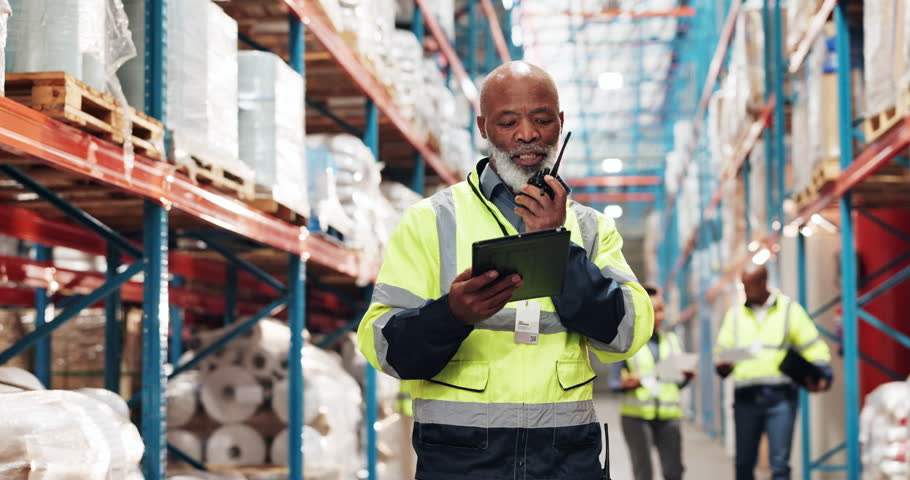Mature, black man or radio for shipping in warehouse for distribution, cargo checklist or supply chain. Factory inspection, tablet or logistics supervisor on technology to organize inventory order