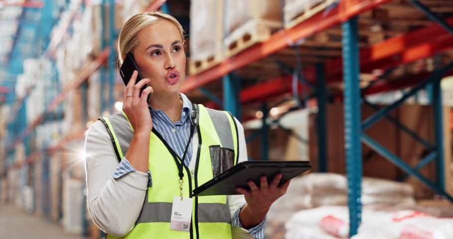 Delivery, woman or phone call in factory for shipping distribution, cargo checklist or supplier. Warehouse inspection, tablet or logistics worker on technology to organize inventory order or shelves