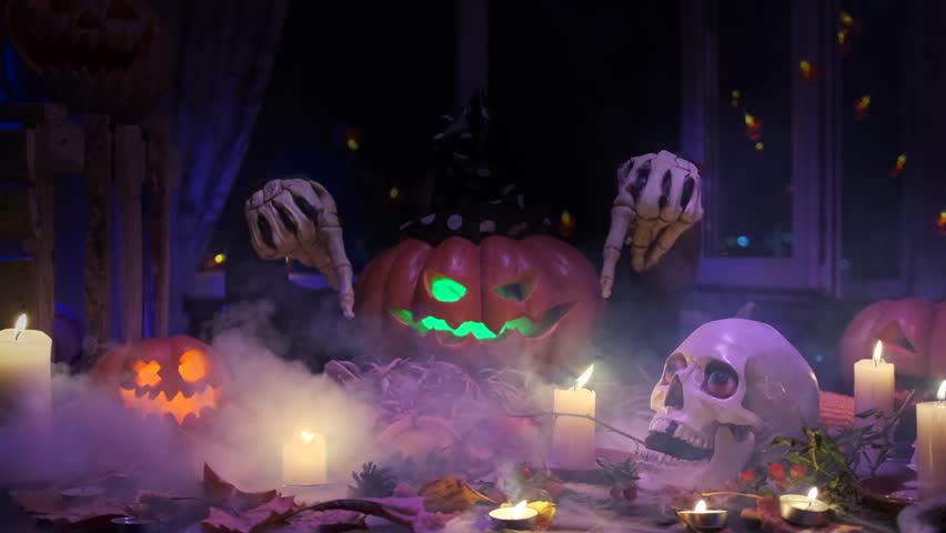 Jack o' lantern smiles sinisterly glowing from mouth smile waving bony hands in dance calling to join night party halloween.