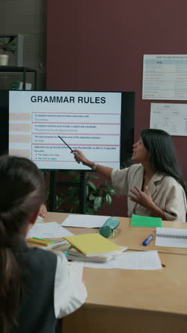 Medium vertical shot of happy female English teacher explaining new grammar to children at language school, pointing to slide on multimedia screen and asking questions