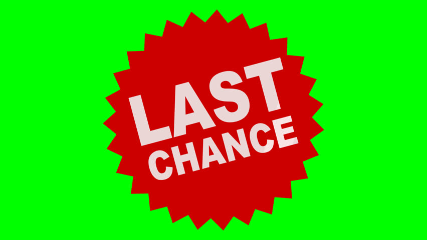 Animation of the appearance of a label with the wording "Last chance" in the shape of a blue round star on green screen and alpha channel in flat style
