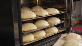 A close-up of the chef puts a baking tray with burger buns in the oven in the kitchen of the restaurant. The process of cooking burgers in a restaurant. Baking sesame buns in the oven. - Powered by Shutterstock - Get 15% off with code: PIKWIZARD15