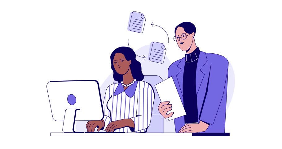 Scene at office. Moving banner with team of employees or company workers performing project and sharing business documents. Cooperation and partnership. Flat outline animated graphics