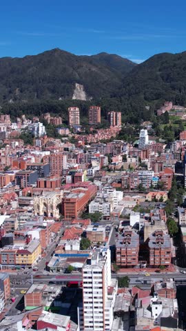 Vertical Drone Shot, Bogota Colombia Chapinero Residential Neighborhood, Buildings and Streets