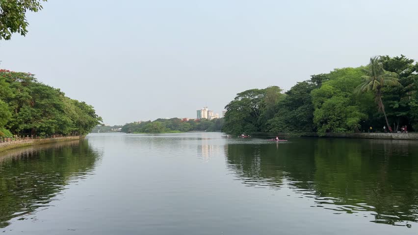 Rowing boat training at Dhakuria (Rabindra sarobar) lake, Kolkata, West Bengal India.