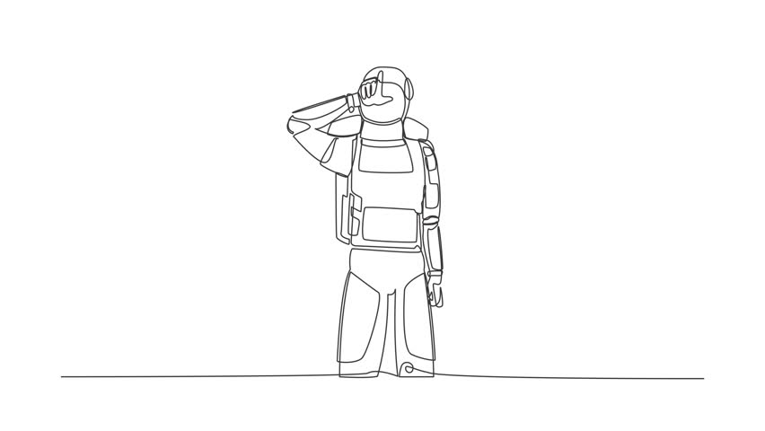 Animated self drawing of continuous line draw of young astronaut standing with making 'L' symbol, showing loser sign on forehead with fingers. Cosmonaut outer space. Full length single line animation