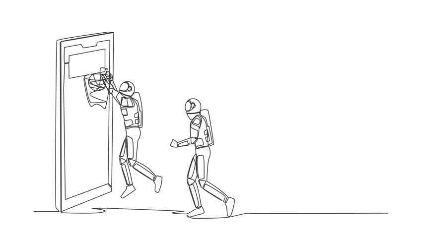 Self drawing animation of single line draw basketball players astronaut in action out of smartphone screen. One player doing slam dunk. Cosmic galaxy space. Continuous line draw. Full length animated - Powered by Shutterstock - Get 15% off with code: PIKWIZARD15