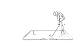 Self drawing animation of single line draw astronaut golfer playing golf on smartphone screen. Golfer hitting ball, online mobile app. Cosmic galaxy space. Continuous line draw. Full length animated - Powered by Shutterstock - Get 15% off with code: PIKWIZARD15