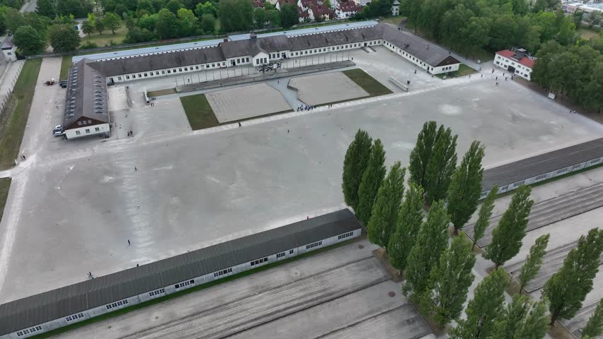 Drone view Dachau. Concentration camp memorial site. Dachau Nazi concentration camp. World war two. Death concentration center camp. Historical site and museum. Munich, Bavaria. Germany.