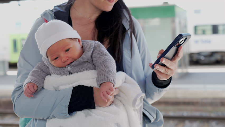 Mother holding a newborn baby while checking her phone at a train station. the care and attention of parenthood with modern technology in a public transportation setting