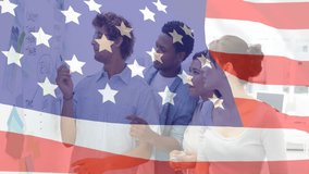 American flag animation over diverse team collaborating on whiteboard in office. Teamwork, collaboration, brainstorming, diversity, patriotism, innovation - Powered by Shutterstock - Get 15% off with code: PIKWIZARD15