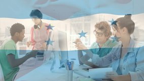 Honduras flag animation over diverse team collaborating in modern office. Teamwork, collaboration, multicultural, diversity, corporate, business - Powered by Shutterstock - Get 15% off with code: PIKWIZARD15