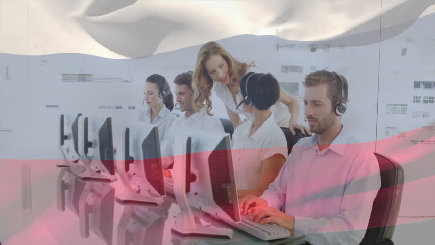 Working at computers, customer service team with animation of waving Russian flag. teamwork, technology, communication, office, multinational, support - Powered by Shutterstock - Get 15% off with code: PIKWIZARD15