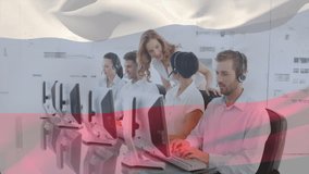 Working at computers, customer service team with animation of waving Russian flag. teamwork, technology, communication, office, multinational, support - Powered by Shutterstock - Get 15% off with code: PIKWIZARD15