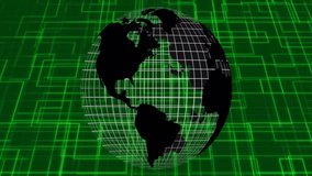 Rotating globe with grid lines and green digital grid animation in background. Technology, futuristic, earth, sphere, network, global - Powered by Shutterstock - Get 15% off with code: PIKWIZARD15