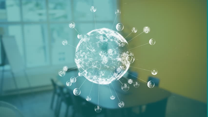 Animated global network of connected people over office background. Networking, digital, connection, business, technology, communication