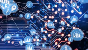 Circuit board with data processing animation over blue background with glowing nodes. Technology, futuristic, digital, network, connections - Powered by Shutterstock - Get 15% off with code: PIKWIZARD15