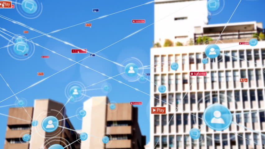 Social media interaction icons animation over urban buildings and blue sky. cityscape, digital, network - Powered by Shutterstock - Get 15% off with code: PIKWIZARD15