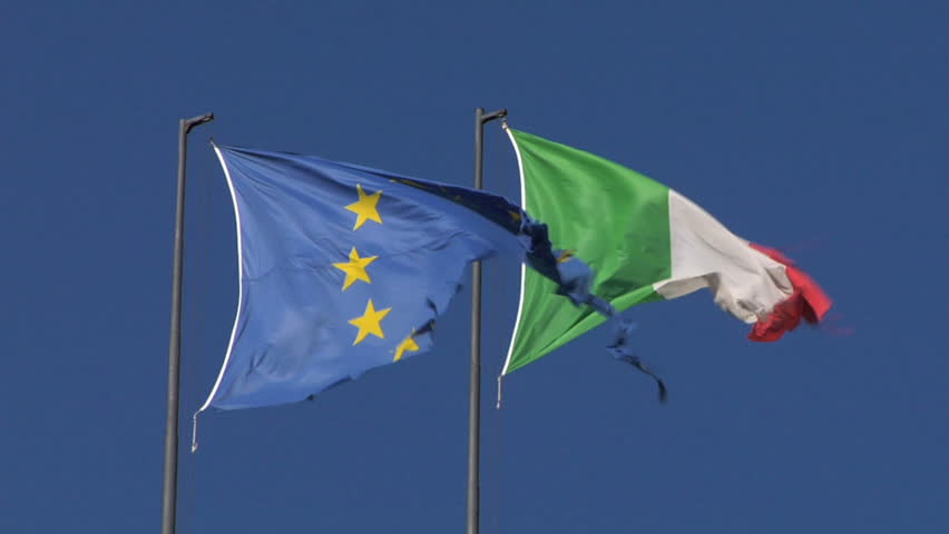 EU and Italy flag in slow motion on blue sky
