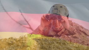 Using binoculars, soldier over German flag animation. Military, surveillance, patriotism, defense, nationality, observation - Powered by Shutterstock - Get 15% off with code: PIKWIZARD15