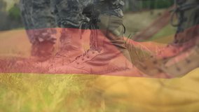 Military boots on grass, German flag animation overlaying in background. patriotism, army, nationalism - Powered by Shutterstock - Get 15% off with code: PIKWIZARD15